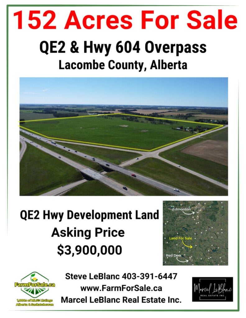 152 acres of prime highway development farmland for sale in lacombe county alberta on qe 2 and 602 highway by steve leblanc www.farmforsale.ca sheet