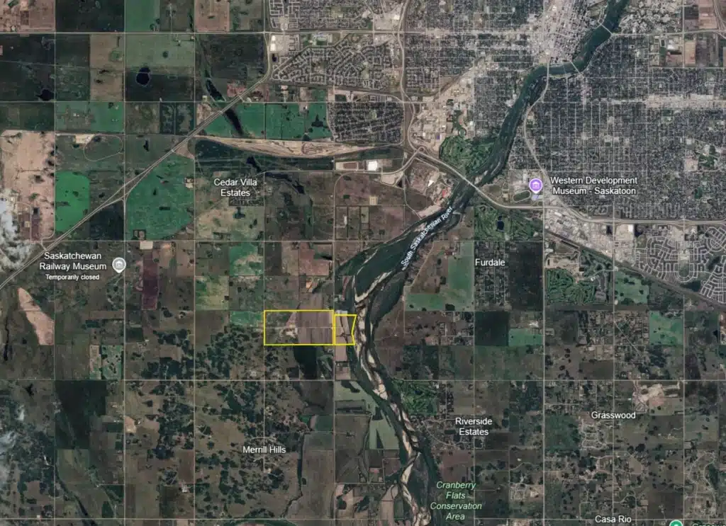 Saskatoon 395 Acres of farmland for sale Steve LeBlanc Red Deer Farm Realtor Alberta and Saskatchewan satellite image