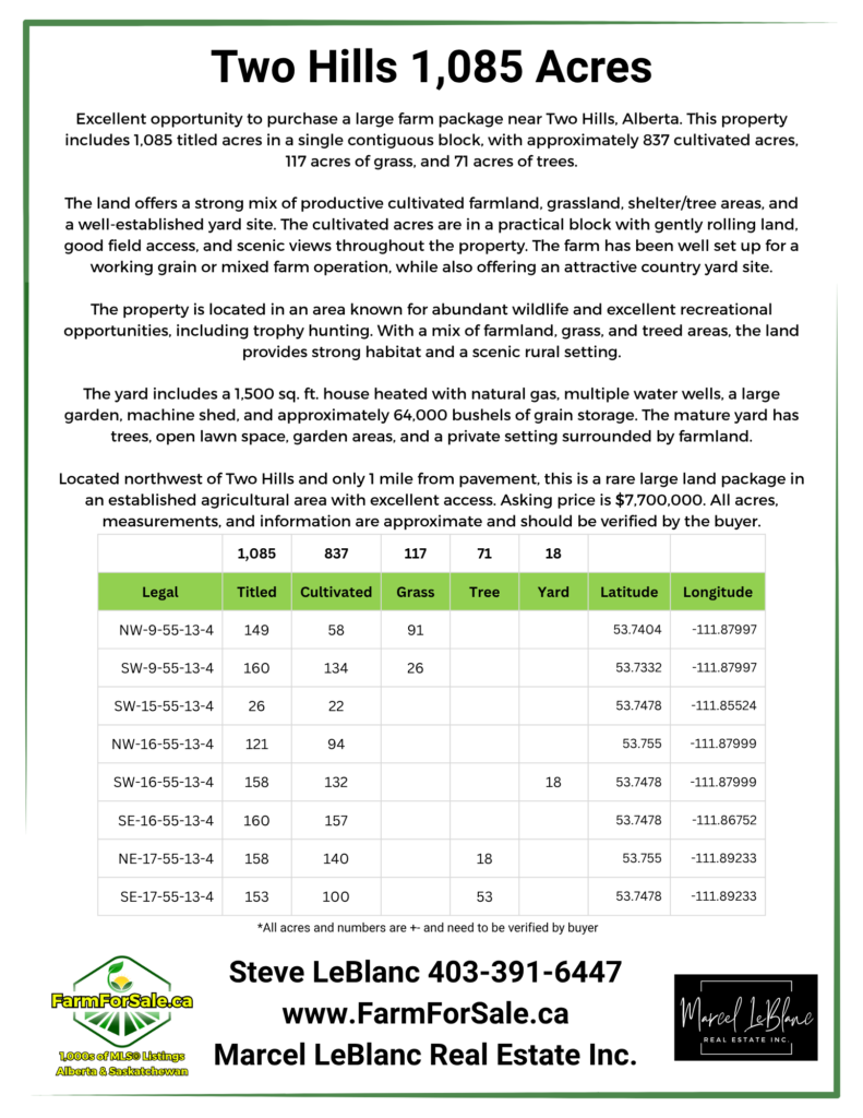 1 1085 acres farmland for sale Two Hills alberta Steve LeBlanc Farm Realtor www.FarmForSale.ca land for sale