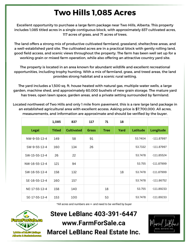 2 1085 acres farmland for sale Two Hills alberta Steve LeBlanc Farm Realtor www.FarmForSale.ca land for sale