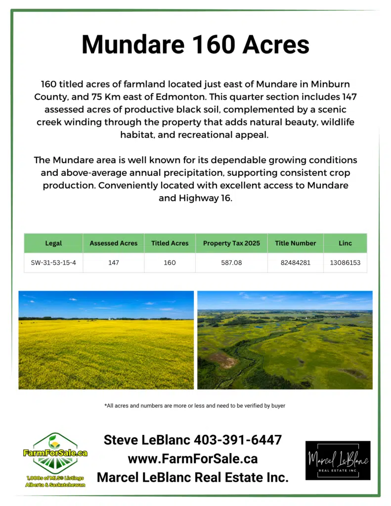 2 Brochure Mundare 160 Acres of Farmland For Sale by Steve LeBlanc Farm Realtor Alberta and Saskatchewan www.FarmForSale.ca