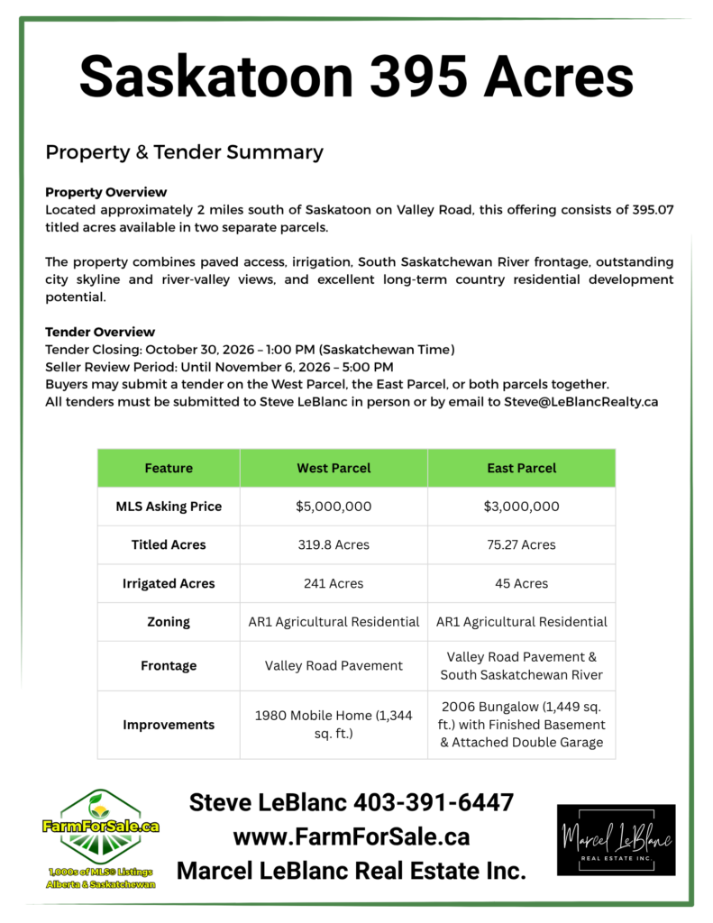 11 Marketing Package 395 Acres Saskatoon Oct 30, 2026 Deadline For Sale by Steve LeBlanc www.FarmForSale.ca